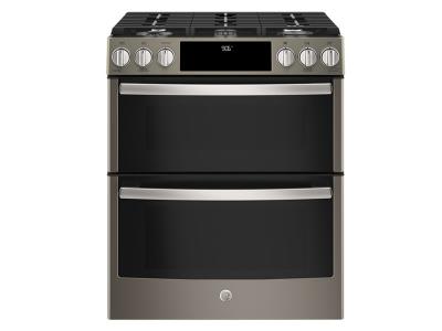 30" GE Profile Slide-In Front Control Premium Slate Appearance, 6.7 cu. Ft. Self-Cleaning Convection Gas Range, Wifi Connectivity - PCGS960EELES