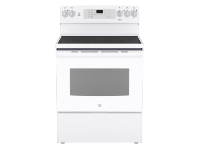 30" GE 5.0 Cu. Ft. Electric Freestanding Smooth Top Range with True European Convection in White - JCB840DVWW