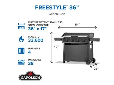 36" Napoleon Freestyle 4 Burner Griddle with Rust-Resistant Stainless Steel Cooktop in Matte Black - F36FTNMK